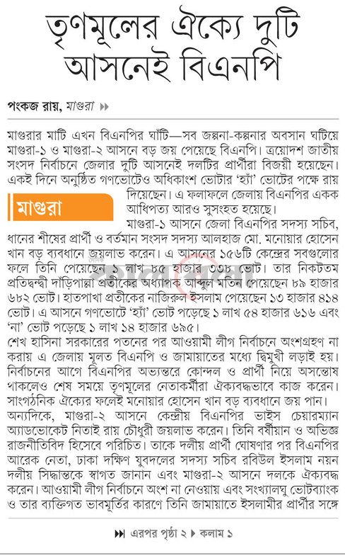 তৃণমূলের ঐক্যে দুটি আসনেই বিএনপি